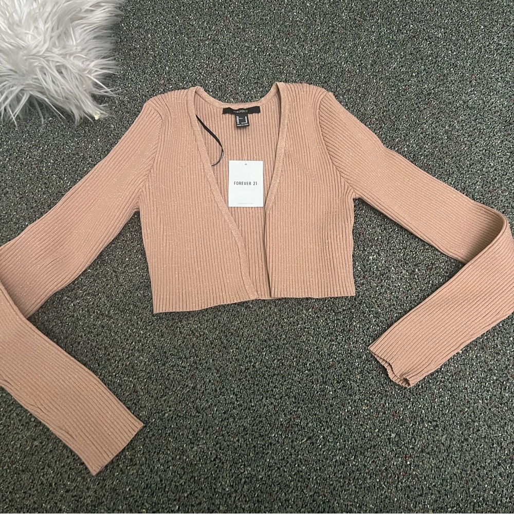 FOREVER 21 Nude Beige Tan Camel Cropped Ribbed Cardigan Sweater Top Shirt Sz M - Picture 7 of 16